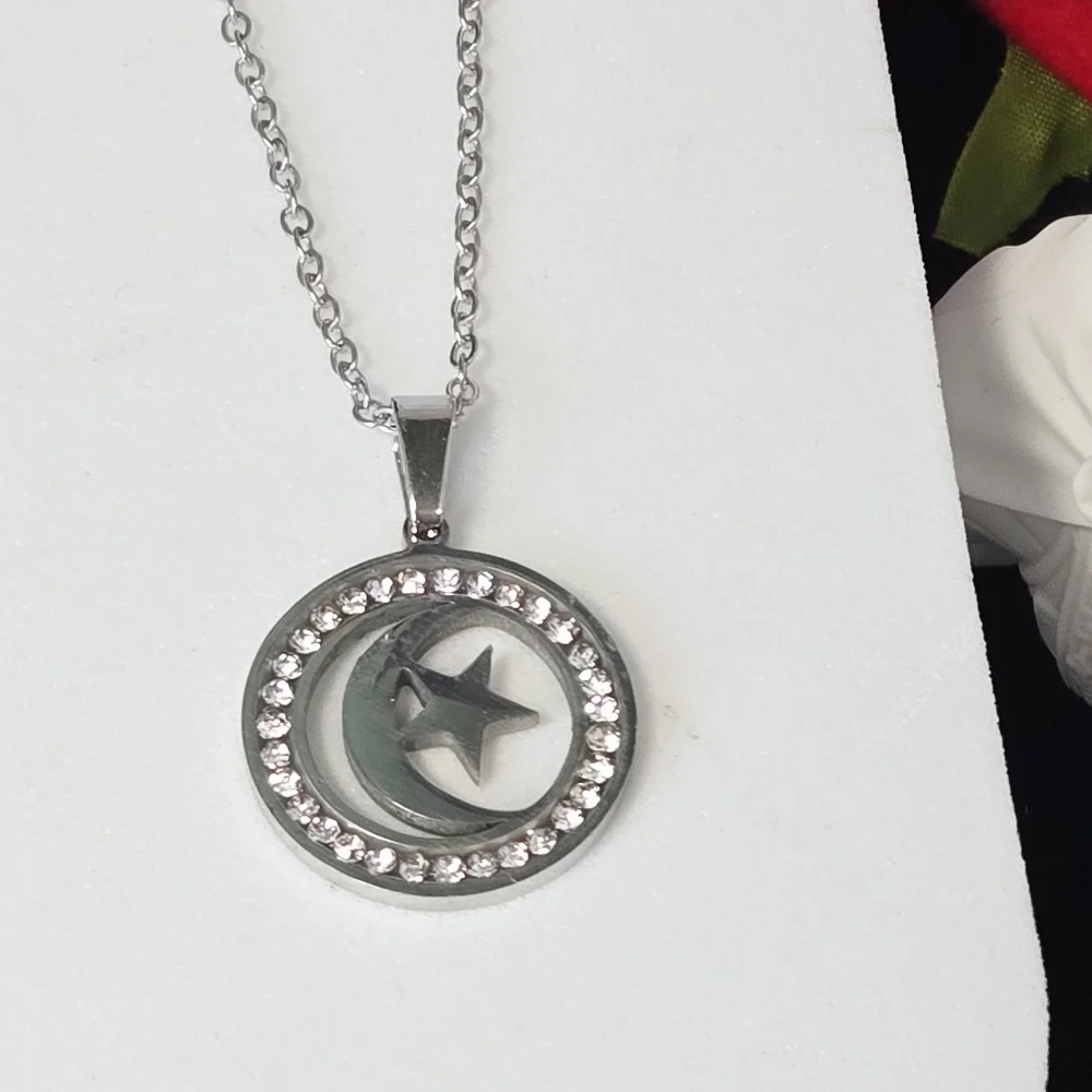 Crescent Moon Star Necklace Silver CZ Crystal Celestial Pendant Stainless Steel